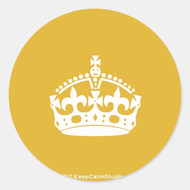 White Keep Calm Crown on Gold Background Classic Round Sticker (Front)