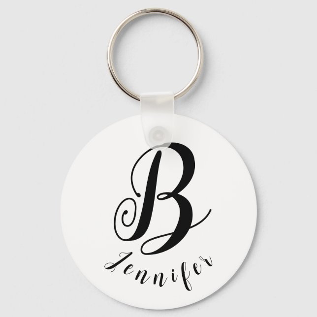 White Keychain Simple Plain Black Initial Script  (Front)