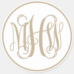 White Khaki Vine Script Monogram, DIY BG Classic Round Sticker