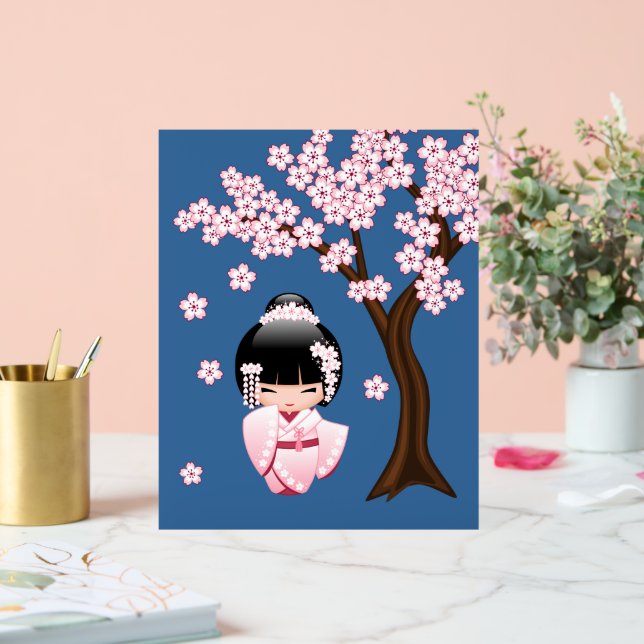 White Kimono Kokeshi Doll Cute Geisha Girl Blue Acrylic Sign (Wedding)