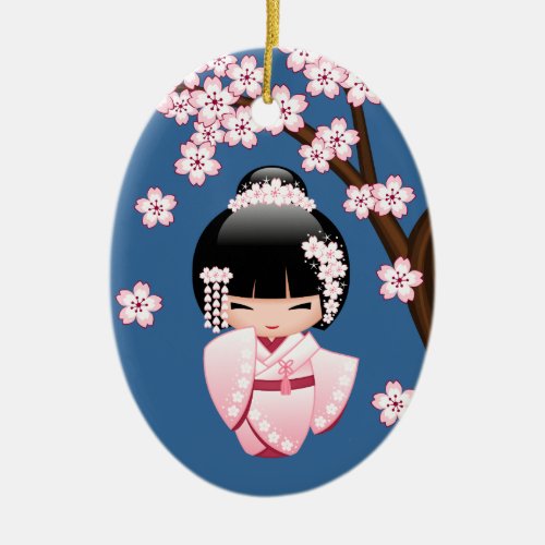 White Kimono Kokeshi Doll _ Cute Geisha Girl Blue Ceramic Ornament