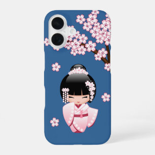 White Kimono Kokeshi Doll - Cute Geisha Girl Blue iPhone 16 Case