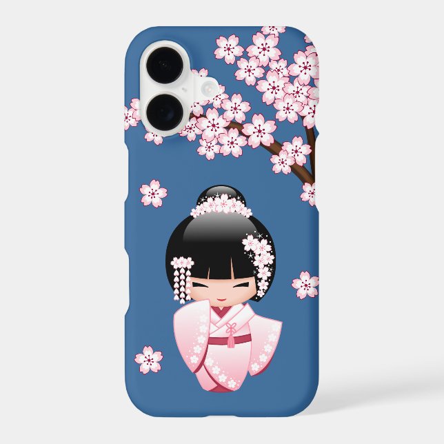 White Kimono Kokeshi Doll - Cute Geisha Girl Blue iPhone Case (Back)
