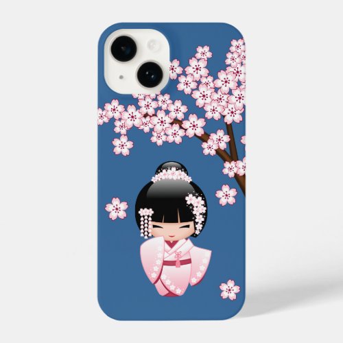 White Kimono Kokeshi Doll _ Cute Geisha Girl Blue iPhone 14 Case