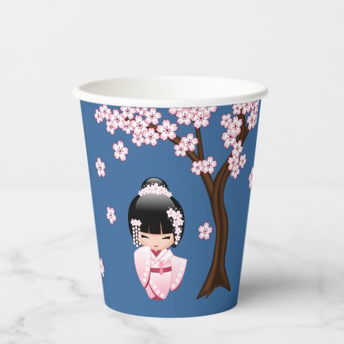 White Kimono Kokeshi Doll _ Cute Geisha Girl Blue Paper Cups