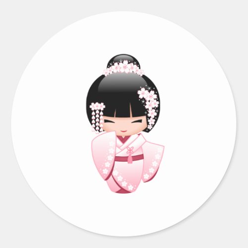 White Kimono Kokeshi Doll _ Cute Geisha Girl Classic Round Sticker