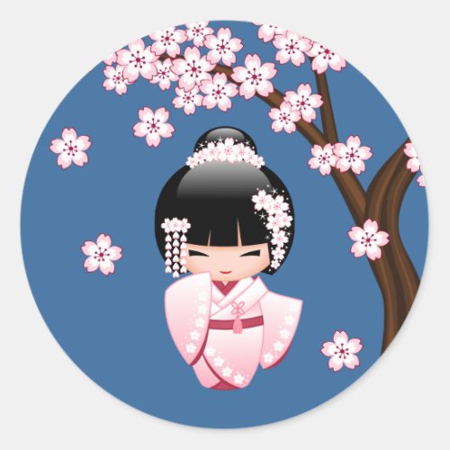 White Kimono Kokeshi Doll _ Cute Geisha Girl Classic Round Sticker