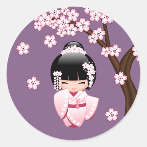 White Kimono Kokeshi Doll _ Cute Geisha Girl Classic Round Sticker