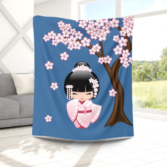 White Kimono Kokeshi Doll - Cute Geisha Girl Fleece Blanket (Creator Uploaded)