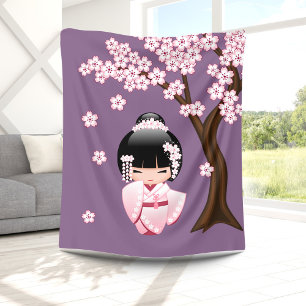 White Kimono Kokeshi Doll - Cute Geisha Girl Fleece Blanket