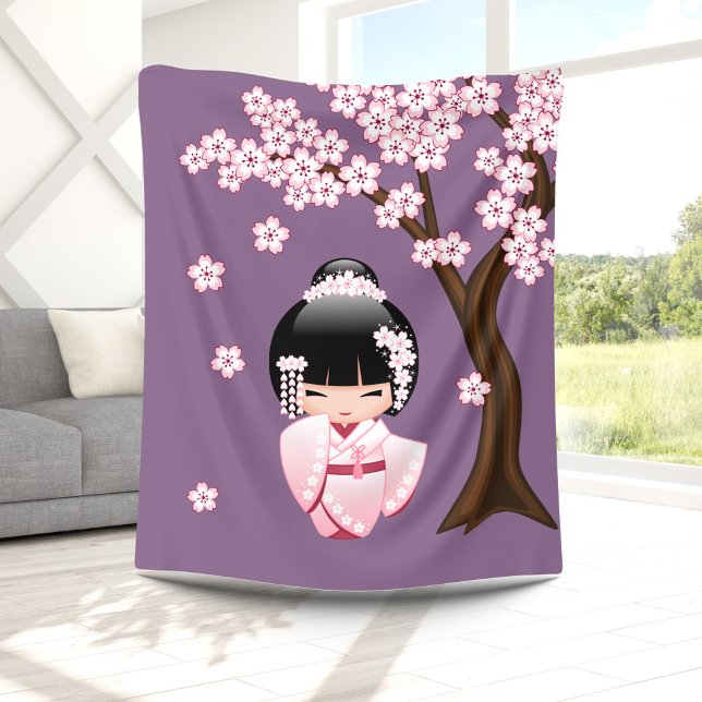 White Kimono Kokeshi Doll - Cute Geisha Girl Fleece Blanket (Creator Uploaded)