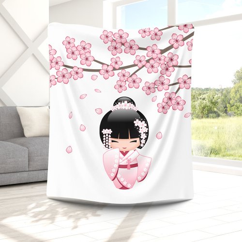 White Kimono Kokeshi Doll _ Cute Geisha Girl Fleece Blanket