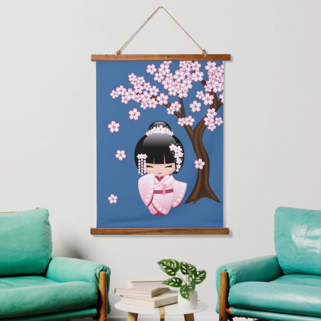 White Kimono Kokeshi Doll - Cute Geisha Girl Hanging Tapestry (Living Room)