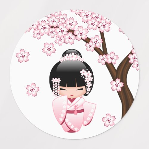 White Kimono Kokeshi Doll _ Cute Geisha Girl Kids Labels