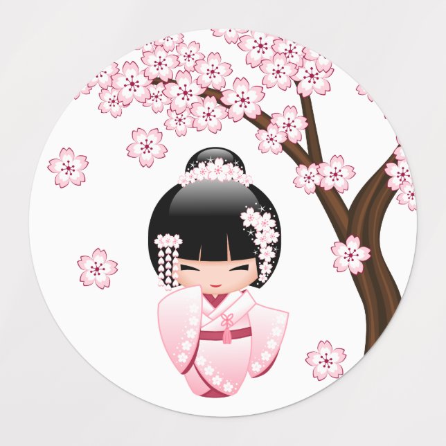 White Kimono Kokeshi Doll - Cute Geisha Girl Kids' Labels (Design 1)