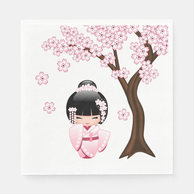 White Kimono Kokeshi Doll - Cute Geisha Girl Napkins (Front)