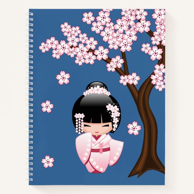 White Kimono Kokeshi Doll - Cute Geisha Girl Notebook (Front)