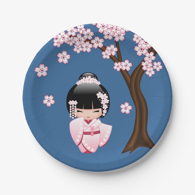 White Kimono Kokeshi Doll - Cute Geisha Girl Paper Plates (Front)