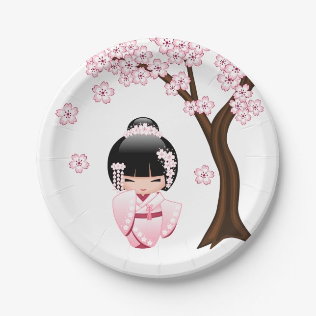 White Kimono Kokeshi Doll - Cute Geisha Girl Paper Plates (Front)