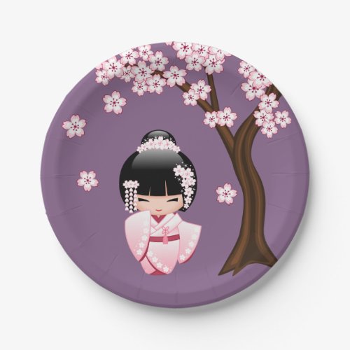 White Kimono Kokeshi Doll _ Cute Geisha Girl Paper Plates