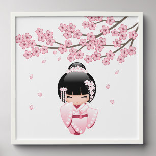 White Kimono Kokeshi Doll Cute Geisha Girl Pink Peel And Stick Photo Tile
