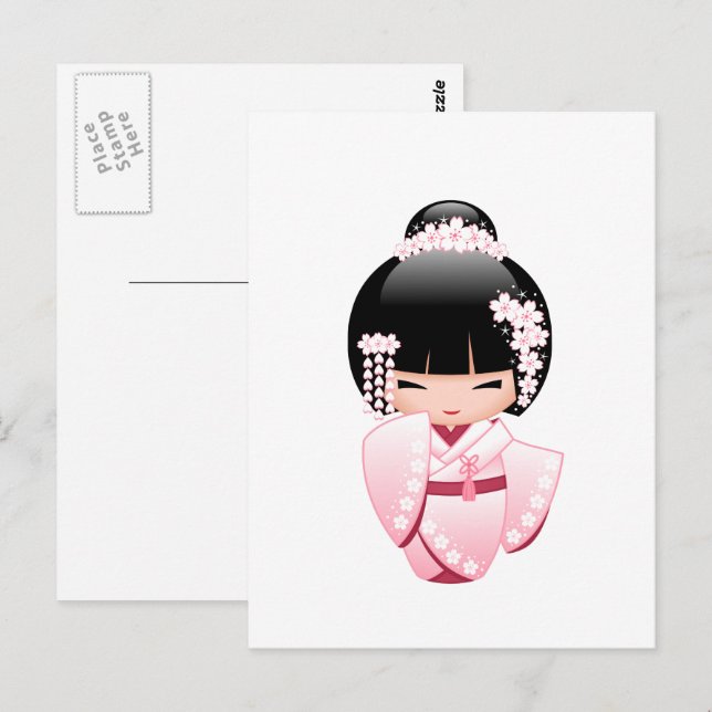 White Kimono Kokeshi Doll - Cute Geisha Girl Postcard (Front/Back)