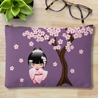White Kimono Kokeshi Doll Cute Geisha Girl Purple