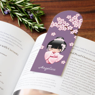 White Kimono Kokeshi Doll Cute Geisha Girl Purple Bookmarks
