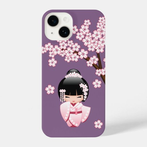 White Kimono Kokeshi Doll Cute Geisha Girl Purple iPhone 14 Case