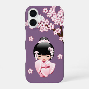 White Kimono Kokeshi Doll Cute Geisha Girl Purple iPhone 16 Case