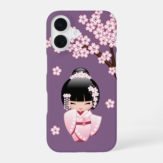 White Kimono Kokeshi Doll Cute Geisha Girl Purple iPhone Case (Back)