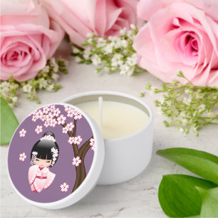 White Kimono Kokeshi Doll Cute Geisha Girl Purple Mini Candle Favors
