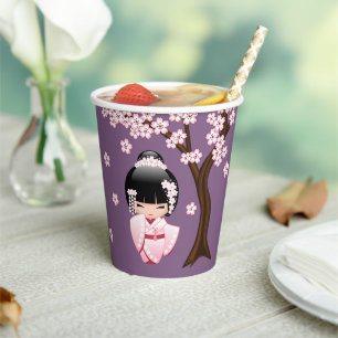 White Kimono Kokeshi Doll Cute Geisha Girl Purple Paper Cups