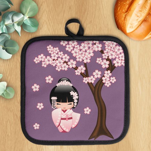 White Kimono Kokeshi Doll Cute Geisha Girl Purple Pot Holder