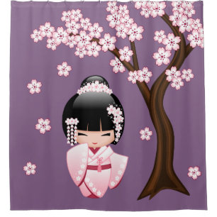 White Kimono Kokeshi Doll Cute Geisha Girl Purple Shower Curtain