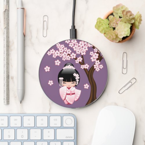 White Kimono Kokeshi Doll Cute Geisha Girl Purple Wireless Charger