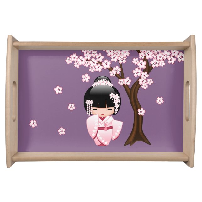 White Kimono Kokeshi Doll - Cute Geisha Girl Serving Tray (Front)