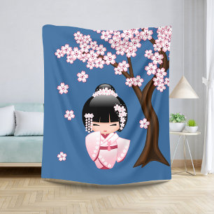 White Kimono Kokeshi Doll - Cute Geisha Girl Sherpa Blanket