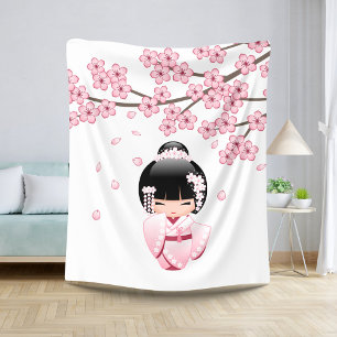 White Kimono Kokeshi Doll - Cute Geisha Girl Sherpa Blanket