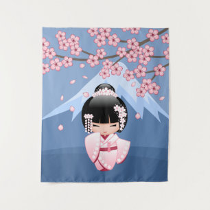 White Kimono Kokeshi Doll - Cute Geisha Girl Tapestry