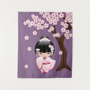 White Kimono Kokeshi Doll - Cute Geisha Girl Tapestry
