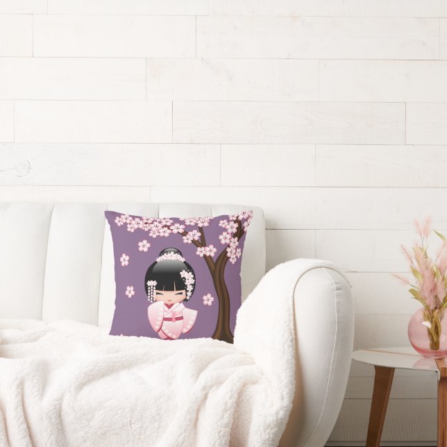 White Kimono Kokeshi Doll - Cute Geisha Girl Throw Pillow (Couch)