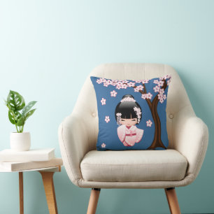 White Kimono Kokeshi Doll - Cute Geisha Girl Throw Pillow