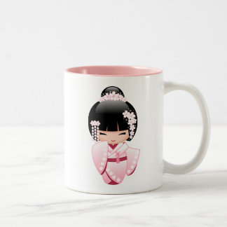 White Kimono Kokeshi Doll - Cute Geisha Girl Two-Tone Coffee Mug
