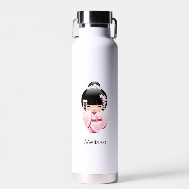 White Kimono Kokeshi Doll - Cute Geisha Girl Water Bottle (Front)