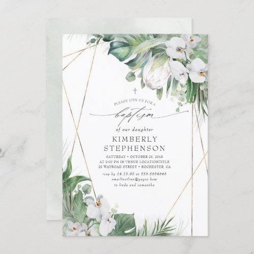 White King Protea and Orchids Tropical Baptism Invitation