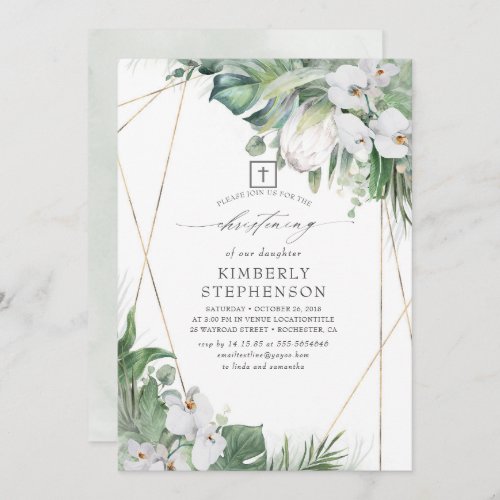 White King Protea and Orchids Tropical Christening Invitation