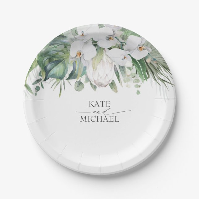 White King Protea and Orchids Tropical Wedding Paper Plates (Front)
