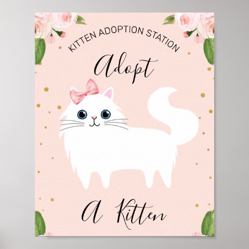 White Kitten Adoption Station Birthday Party Sign