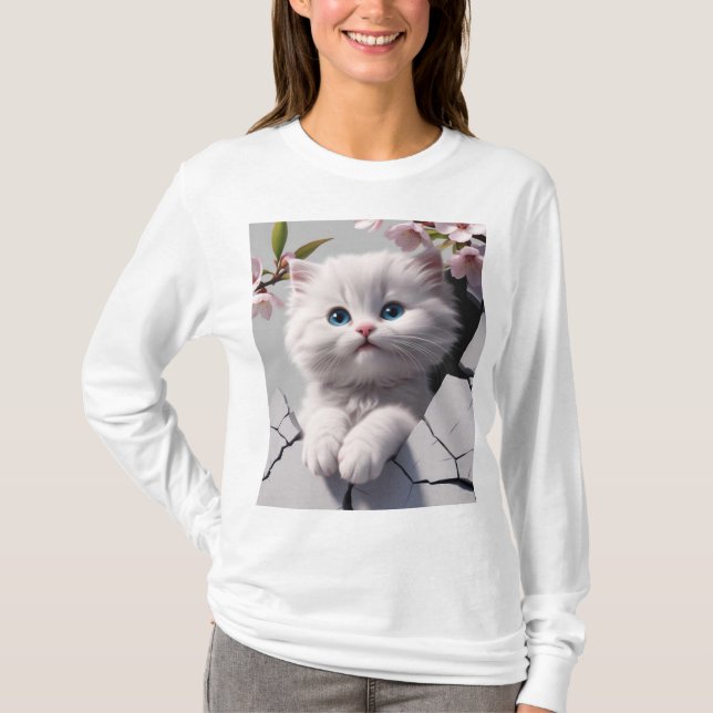 White Kitten Among Cherry Blossoms T-Shirt (Front)